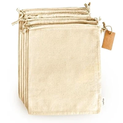 Image of Leafico Cotton Storage Bags with Drawstrings X Large 36x43 cm Multipurpose 6 Pcs,Canvas Fabric Bread Bags, Bulk Food Produce,Natural Potato Onion Shoe