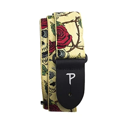 Image of Perri’s Leathers Ltd. Guitar Strap Nylon Jacquard Rose &amp; Skull Beige Adjustable For Acoustic/Bass/Electric Guitars Made in Canada (TWS 6538)