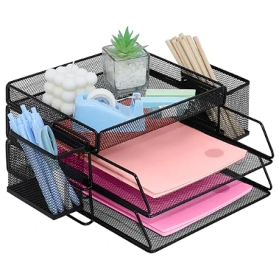 Image of ideallife Letter Trays Stackable with Top Stationery Holder, 2 Tier Metal Desk Organizer Tray Pen Paper Filing for Office Supplies Black
