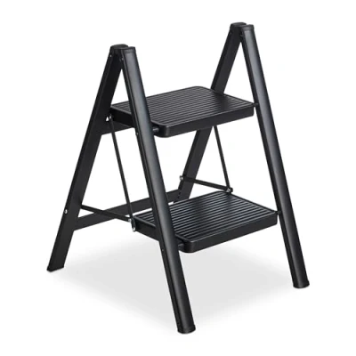 Image of Relaxdays Foldable Ladder, 2 Steps, Steel, Load up to 120 kg, Foldup, Both Sides, HxWxD 60 x 42 48 cm, Black, 100%