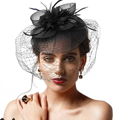 Image of DRESHOW Fascinator Hats for Women Pillbox Hat with Veil Headband and a Forked Clip Tea Party Headwear