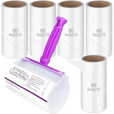 Image of Mr Hsiung &amp; Mrs Yin Lint Rollers for Pet Hair, Clothes Roller, Roller Clothes, Extra Sticky Remover Brush, Hair Remover, 1 + 5 Refills, 300 Sheets Total
