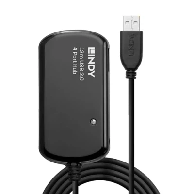 Image of Lindy 12m USB 2.0 Active Extension 4 Port Hub Pro, Long Distance Repeater, Extends devices, PCs, Laptops, Xbox, PS4, PS5, VR Headset, Printer, Scanner, Webcam, Interactive Whiteboards