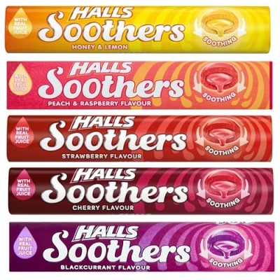 Image of Halls Soothers 5X 45g Mixed Flavour Drops Mints Cherry, Strawberry, Peach &amp; Raspberry, Blackcurrant, Honey Lemon Bundle
