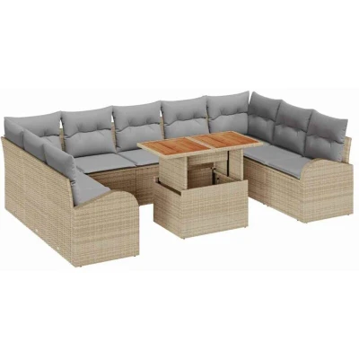 Image of vidaXL 10 Piece Garden Dining Set with Cushions Beige Poly Rattan Acacia
