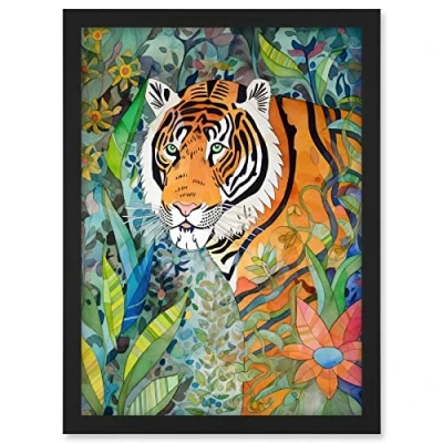 Image of Artery8 Jungle Tiger Flowers Leaves Folk Art Artwork Framed A3 Wall Print
