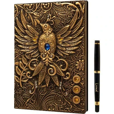 Image of DND Notebook / Journal, Unique 200 Page Book with 3D Gold Phoenix Embossed Faux Leather Cover Pen Ideal for Dungeons &amp; Dragons D&amp;D. Great RPG Accessories Gift DM&#039;s Players, Men or Women