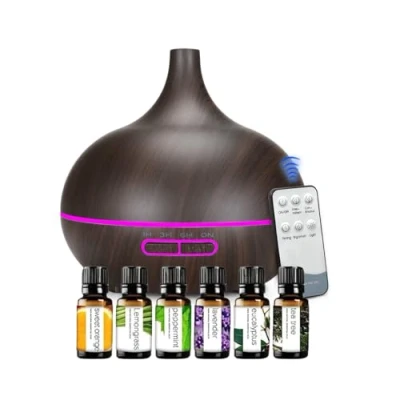 Image of 500ML Essential Oil Diffuser,Remote Control Aromatherapy Humidifier with Adjustable Mist Mode &amp; Waterless Auto Off and 7 LED Light Colors + 6 Bottles of Scented Oil/Home or Spa (Dark Wood Grain)
