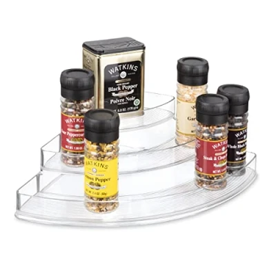 Image of iDesign Spice Rack with 3 Tiers, Tiered Kitchen Storage Organiser for Corner, Plastic Display Cabinet Spices, Seasonings, Tins and More, Clear