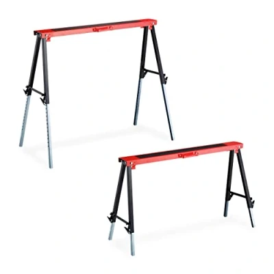 Image of Relaxdays Work, Set of 2, 12 Height Adjustable, Maximum Load 150 kg, Foldable, Carry Handles, Folding Trestle, Red, 100% steel, 2