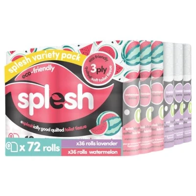 Image of Splesh by Cusheen 3 ply Toilet Roll Soft, Quilted Bulk Rolls, Eco Friendly Tissue Loo Made in UK 72 Rolls (Lavender 36s) &amp; (Watermelon