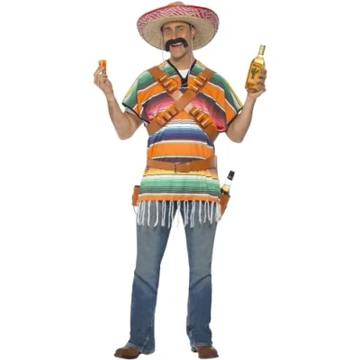 Image of Smiffys Tequila Shooter Guy Costume, Orange &amp; Green with Poncho, Belt Bandolier, Cowboys and Indians Fancy Dress, Western Dress Up Costumes