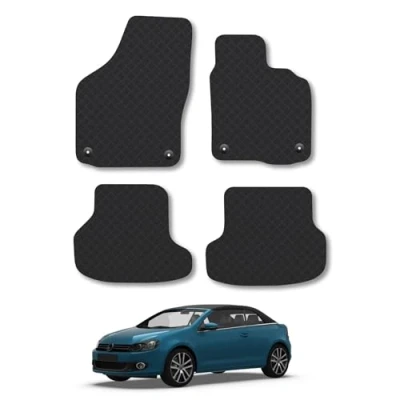 Image of Rubber Car Mats Compatible with VW Golf Mk6 (2009 2013) [Cabriolet] Tailored Fit Floor Set Accessory Black Custom 4 Pieces Clips Anti Slip Backing, Heavy Duty &amp; Waterproof