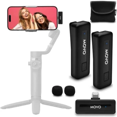 Image of Movo Wireless Mini DUO Ultra Compact Dual Microphone for iPhone with Clip on Lavalier Mic, 10HR Battery, 50m Range, Noise Cancellation, Lightning Video Recording