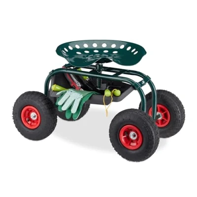 Image of Relaxdays Rolling Garden Seat, Height Adjustable, 150 kg Capacity, Storage Compartment, Steel, Pneumatic Tyres, Green, 46x35cm