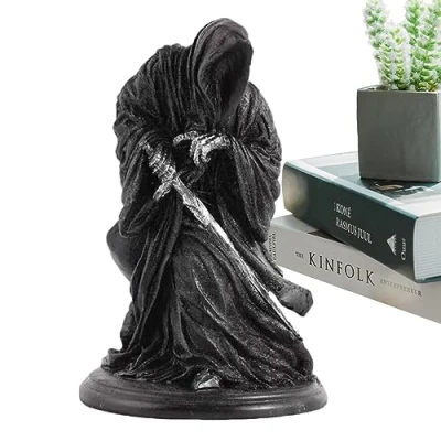 Image of Geruwam Black Grim Reaper Decor Gothic Resin Figurine Of Holy Death Holding Scythe Robe Standing For Haunted House
