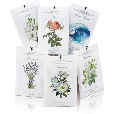 Image of MYARO 12 Packs Scented Sachets for Drawer and Closet, Long Lasting Bags Home Fragrance Sachet 6 Scents Option Lavender, Rose, Jasmine, Ocean, Gardenia, Lily