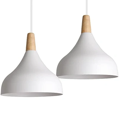 Image of iDEGU Set of 2 Retro Pendant Ceiling Lights Modern Drop Style Hat Lampshade E27 Light Fixture in Metal Wood Lamp for Bedroom, Dining Room, Kitchen, Φ 20 cm (White)