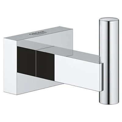 Image of GROHE Essentials Cube Robe Hook Bathroom Wall Mounted Shower Towel Hanger (Metal, Concealed Fastening, Including Screws and Dowels, Durable Sparkling Sheen), Suitable for Gluing, Chrome, 40511001