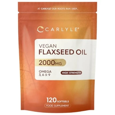 Image of Flaxseed Oil Capsules 2000mg 120 Count High Strength Supplement with Omega 3 6 &amp; 9 Cold Pressed No Artificial Preservatives by Carlyle