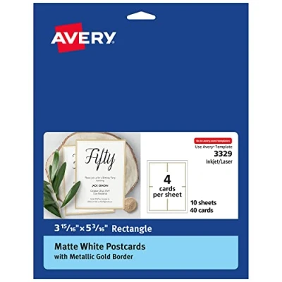 Image of Avery Postcards with Metallic Gold Borders, 3 15/16&quot; x 5 3/16&quot;, 40 Total, Laser/Inkjet Printable (3329)