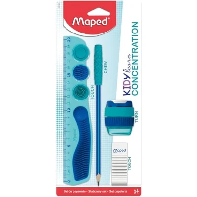 Image of Maped 4 piece set Kidy Learn concentration Ruler Pencil sharpeners Eraser Graphite relaxing tip Sensory stimulation improve recommended by teachers