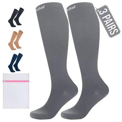 Image of 360 RELIEF 3 Pairs Flight Compression Socks for Women &amp; Men, Comfortable Travel, Circulation Leg Relief, Pregnancy Support, XXL, Grey + Laundry Bag