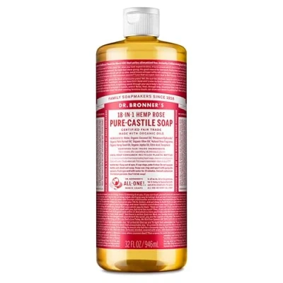 Image of Dr Bronner&#039;s 18 in 1 Rose Pure Castole Liquid Soap, Made with Organic Oils, Used for Face, Body, Hair, Laundry, Pets and Dishes, Certified Fair Trade &amp; Vegan Friendly, 946ml Recycled Bottle