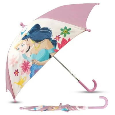 Image of Disney Princess Kids Umbrella, Plastic Easy Grip Handle Compact Umbrella Windproof Strong, PVC Cover Travel Gift Brolly Boys, Manual Safety Opening Stick 60cm