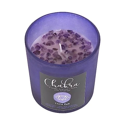 Image of Crystal Healing Lavender Candle Third Eye Chakra, Purple Frosted, Amethyst Chips