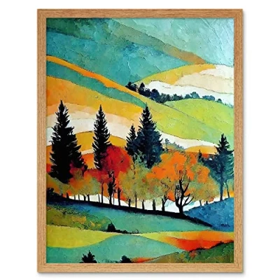 Image of Wee Blue Coo Colourful Autumn Landscape Scotland Hillside Forest Oil Painting Art Print Framed Poster Wall Decor 12x16 inch