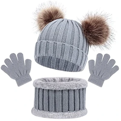 Image of 3PCS Knitted Beanie Hat Scarf Gloves Set Baby Girls Winter Thick Pom Cap Neck Warmer Boys Mittens for 1 6 Years old, Accessories Sets Children Outdoor Sports (Grey)