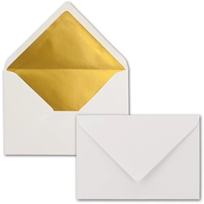 Image of C6 Envelopes, White with Metallic Gold Lining, Thick Quality Very Stable 120 g/m², 114 mm x 162 mm, Gummed Edges from The FarbenFroh Series by Neuser 50 Umschläge White/Gold