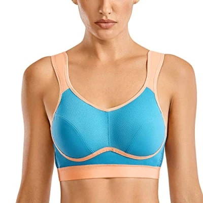 Image of SYROKAN Women&#039;s Comfort Sports Bra High Impact for Large Breasts Wireless Stretch Support Bounce Control Woaded Blue 36D