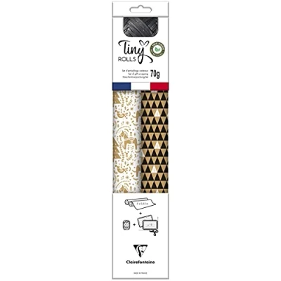 Image of Clairefontaine Ref 223888C Tiny Rolls Kraft Gift Wrap Set 2 x (80gsm, 35cm 5m), 10 Tags (Rectangular &amp; Round), 20m Ribbon Black White