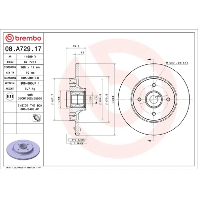 Image of 1613385880 Brake DISC BREMBO BEARING LINE 08.A729.17 268mm 12mm 4 solid PEUGEOT: Partner II Platform / Chassis, 3008 I, Tepee
