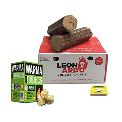 Image of Restaurant Grade Leonardo Beech Briquette Logs Bundle Includes 1 x Box of Warma Eco Wood Wool Firelighters &amp; Matches Heat Stoves Fireplaces Pizza Ovens Fired Burning Cookers Barbecue Open Fires