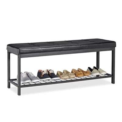 Image of Relaxdays XXL Shoe Bench, Faux Leather Seat, Backless, Grid Rack for Shoes, Metal, HWD 49x115x40cm, Black