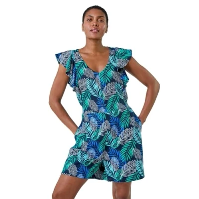 Image of Roman Originals Polka Dot Print Frill Playsuit for Women UK Ladies Everyday Holiday Spring Summer V Neckline Comfy Soft Evening Vacation Work Party Blue Size 14