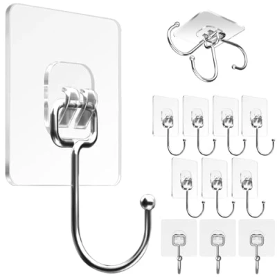 Image of PAIDASHU Self Adhesive Hooks,12 Pack Heavy Duty Wall Hooks, Max 20KG/44lb,Clear Plastic Sticky Hanging Hook for Home Kitchen Bathroom Office Use