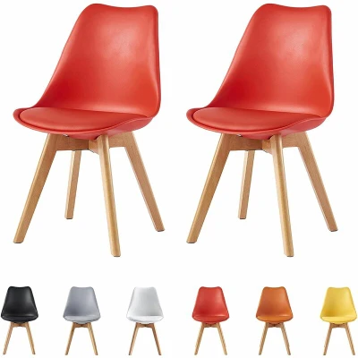 Image of mcc direct Set of 2 Dining Chairs Wooden Legs Soft Cushion Pad Stylish DELUXE Retro Lounge Office EVA (Red)