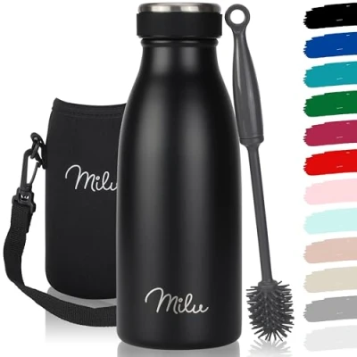 Image of Milu Stainless Steel Drinking Bottle 350ml 500ml 750ml 1L 1,5L Thermo Insulated Water Leak Proof Double Walled, Carbonated incl. Cleaning Brush (Black, 350ml)