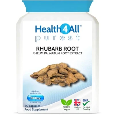 Image of Health4All Rhubarb Root 2500mg 60 Capsules (V) (not Tablets) Purest no additives. Natural Laxative Supplement. Vegan