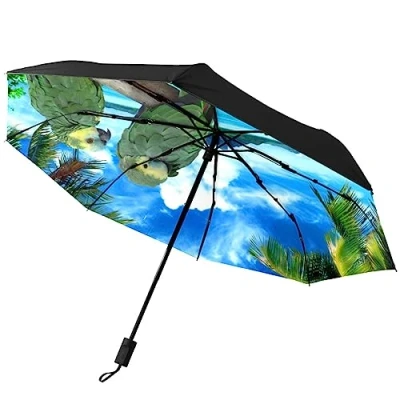 Image of GISPOG Automatic Folding Umbrella, Green Parrot Tree Branch Waterproof Compact Sun and Rain Travel Umbrellas