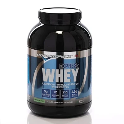 Image of Boditronics Express Whey Protein Powder Muscle Building with Dietary Fibre, BCAA, and High Levels of L Glutamine Prebiotic Mass Gainer Isolate Shakes (Chocolate Mint, 2 kg)