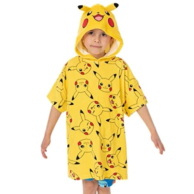 Image of Pokemon Kids Towel Poncho Yellow Bath with 3D Ears for Boys &amp; Girls Pikachu All Over Print Swimwear Beach Graphic Changing Robe Cosy Hooded Swim Accessory Merchandise Gift Children