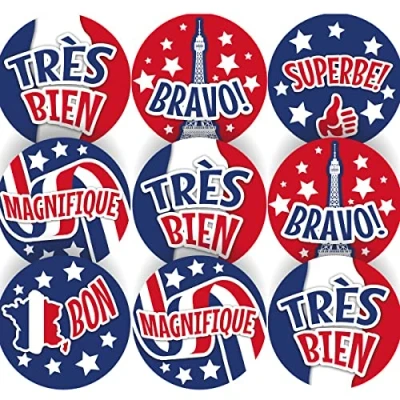 Image of 144 French Colour Praise Words 30mm Glossy Reward Stickers for Teachers &amp; Parents