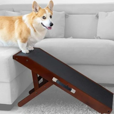 Image of Dog Ramp for Couch PRIORPET Birchwood Foldable Adjustable 7&quot; to 20&quot; Landing Platform Seamlessly Connects Anti Slip Grip Pet Small Dogs up 170lbs Walnut