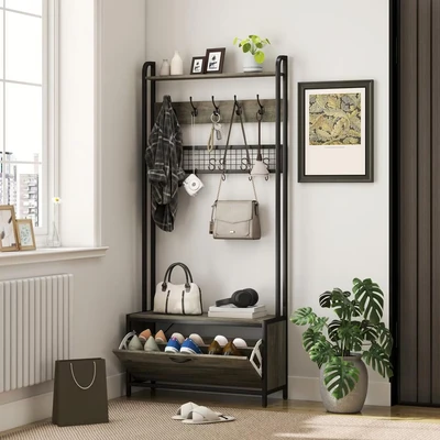 Image of Industrial Hall Tree Coat Rack Stand with Shoe Cabinet Grey Homcom
