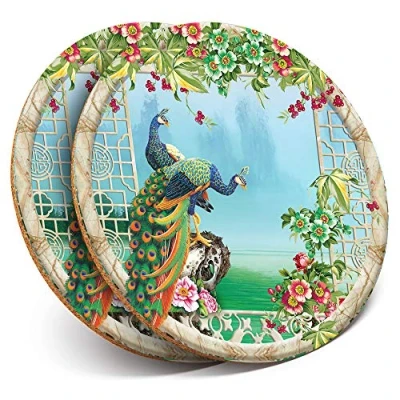 Image of 2 x Round Coasters 3D Flowery Peacock Illustration Cork Backed Home Kitchen Accessory Tea Coffee Mug Mat #21058